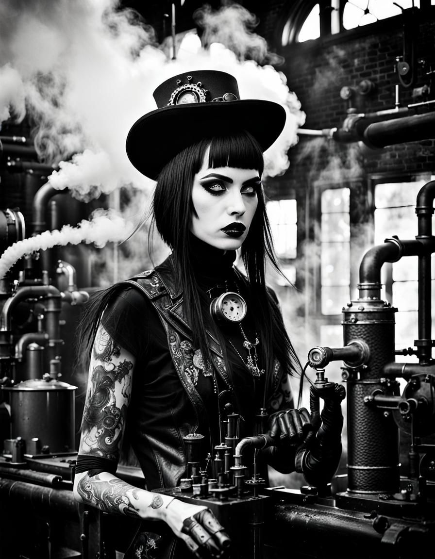 Goth Model in Steampunk Coffee Shop: Black and White