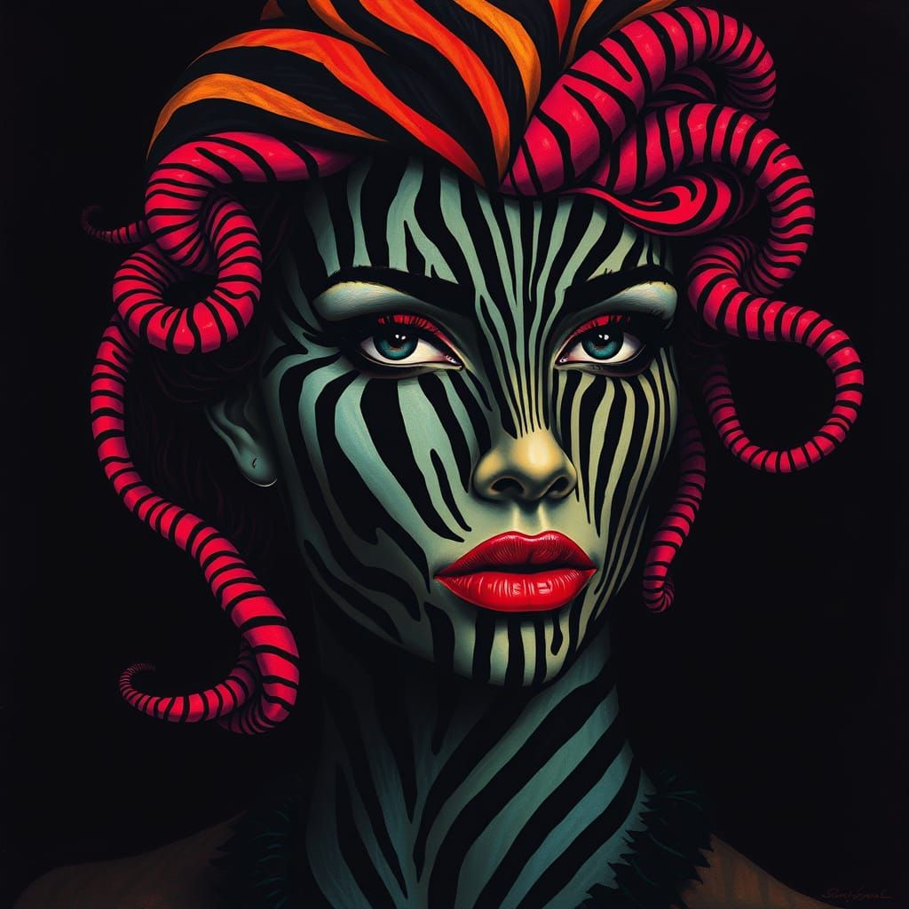 Surrealist Beauty with Zebra Striped Face in Dark Velvety Ba...
