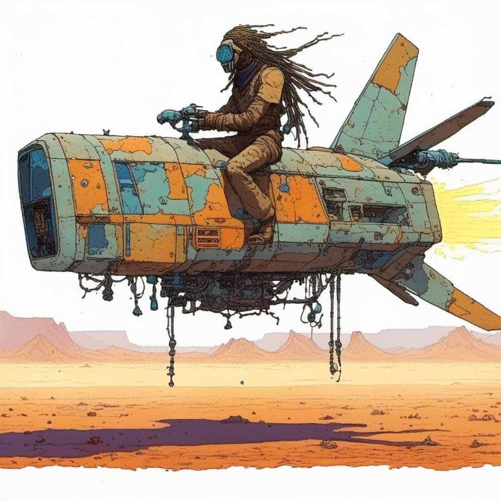 Futuristic Hoverbike in Moebius Style Desert