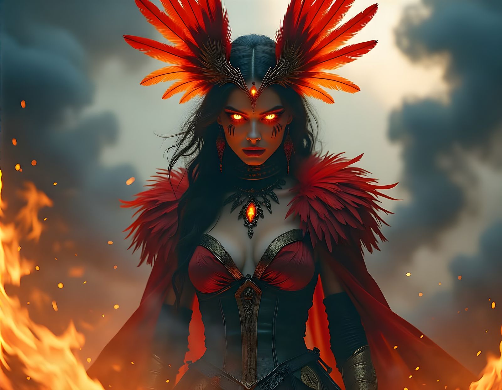 Phoenix Woman in Fiery Vortex: Retro Masterpiece