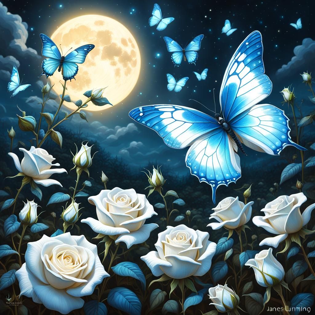 Butterflies and Roses at Night: A Digital Painting