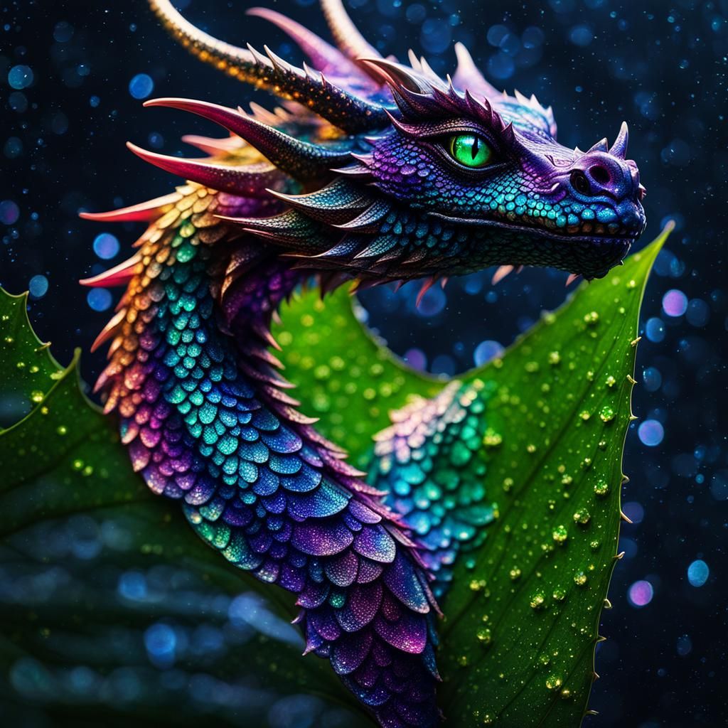 Opalescent Dragon Portrait on Leaf, Detailed Matte Painting