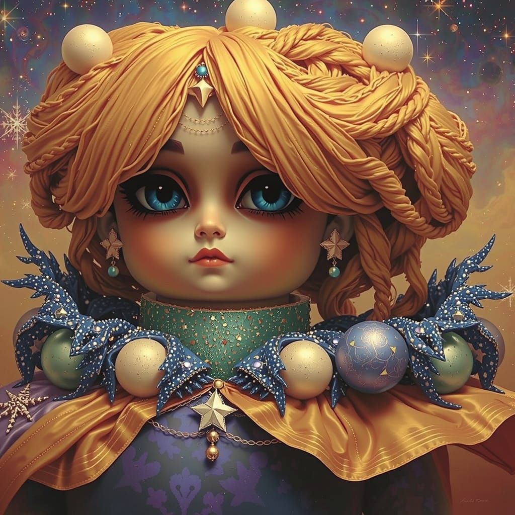 Celestial Figure in Stardust Gown Against Cosmic Nebula