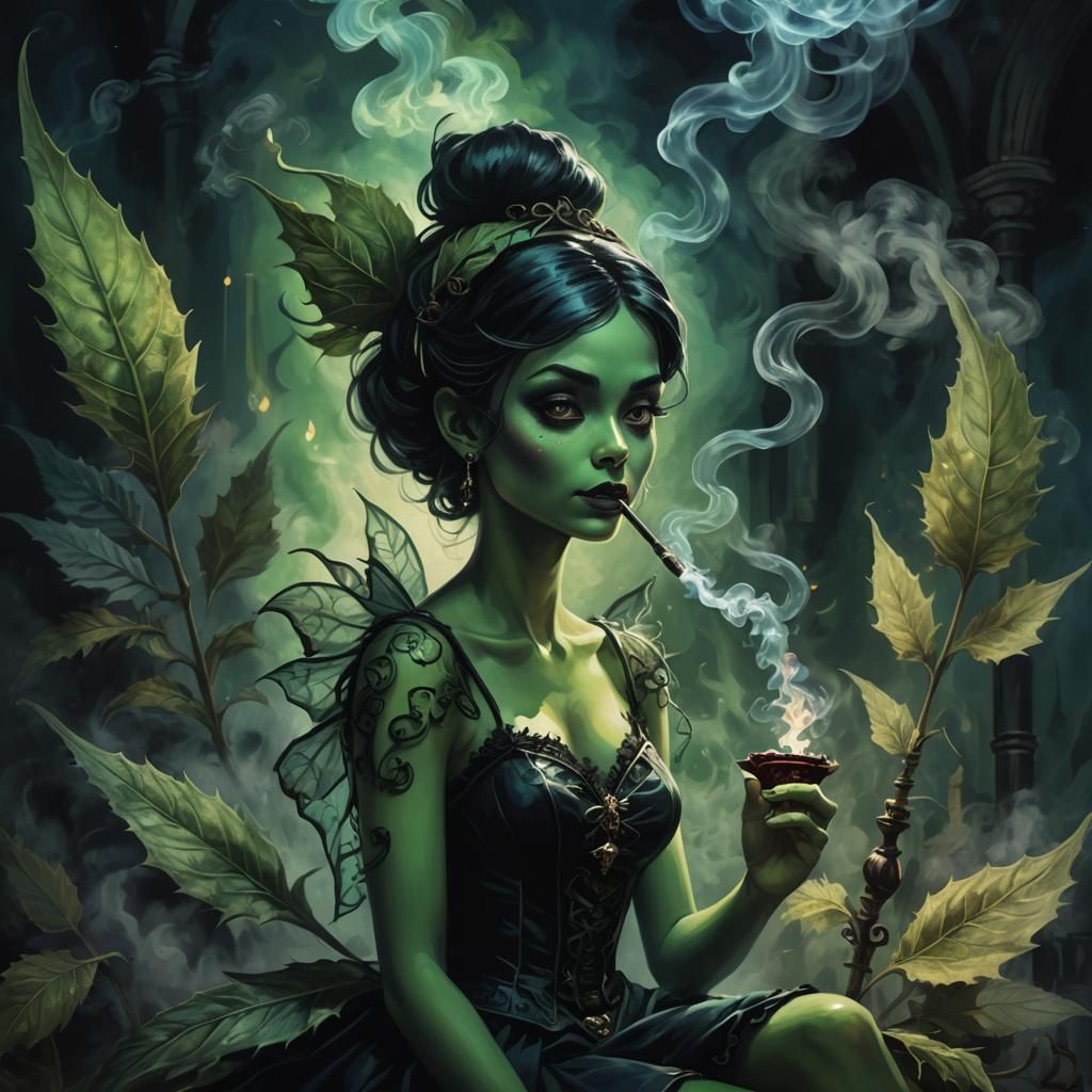 Gothic Tinkerbell Smoking Hookah: Van Gogh-Inspired Oil Pain...