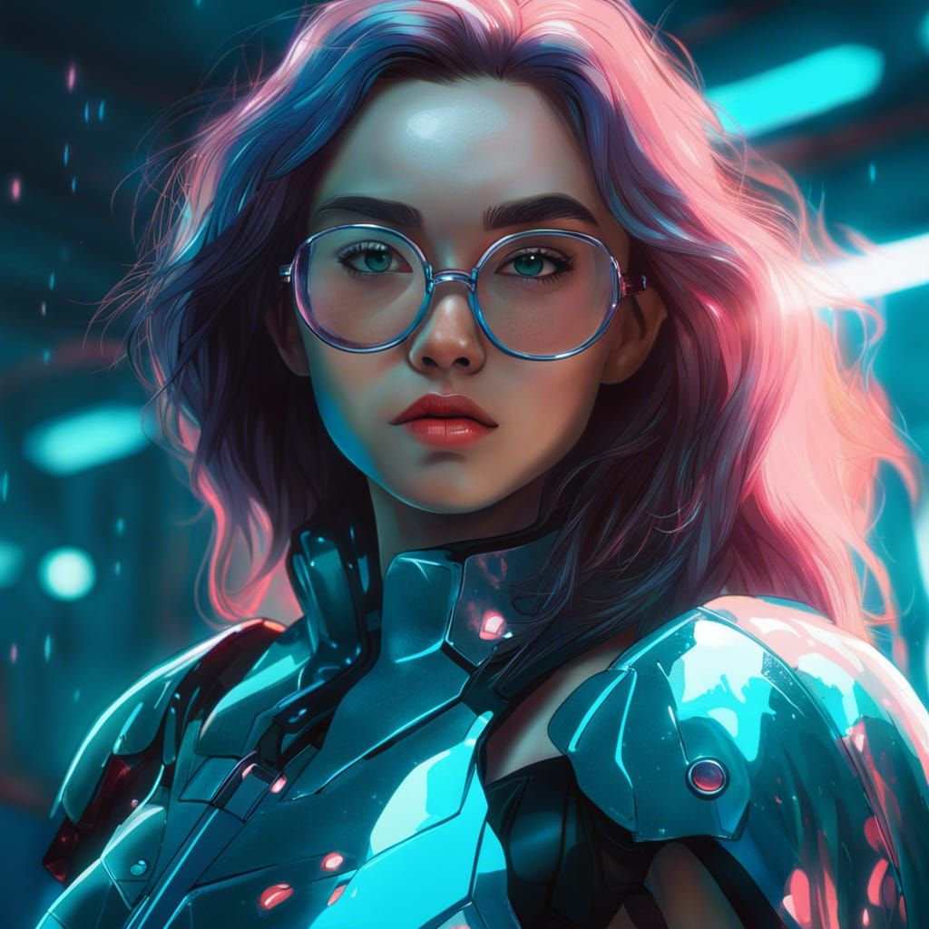 Hyperdetailed Mecha Girl with Neon Lights