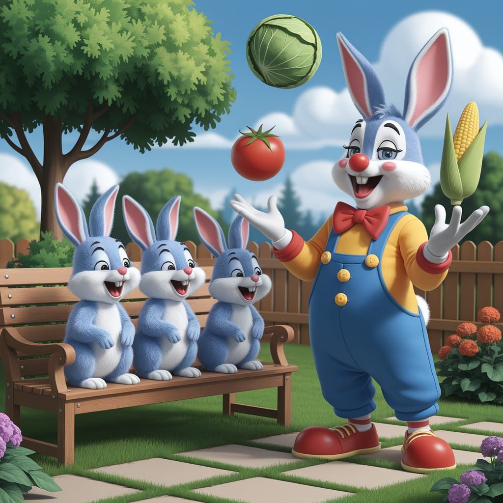 Laughing Bunnies Enjoying a Vegetable Juggling Clown