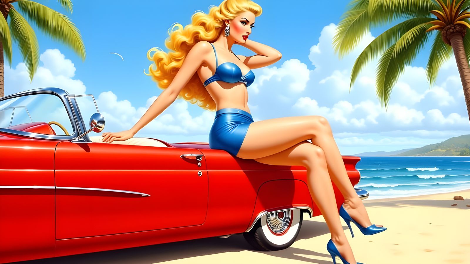 Blond Woman on Thunderbird: Classic Pin-Up Art