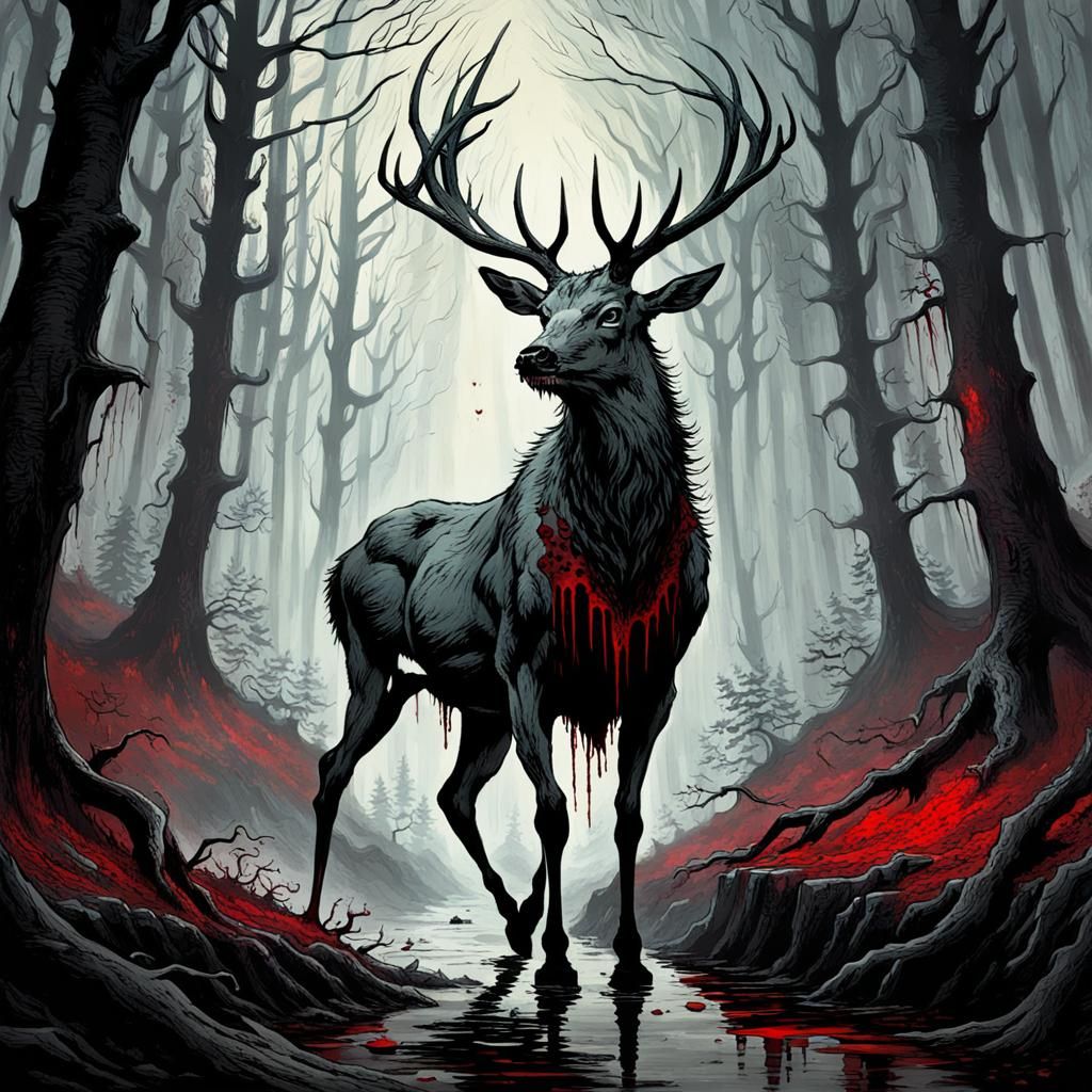 Demonic Deer in a Bleak Forest: Horror Illustration