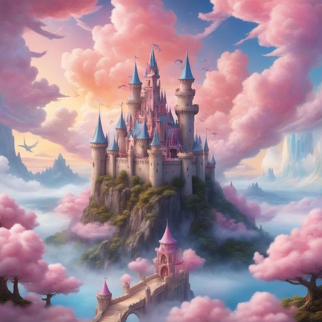 Floating Island Castle with Dragons and Phoenixes