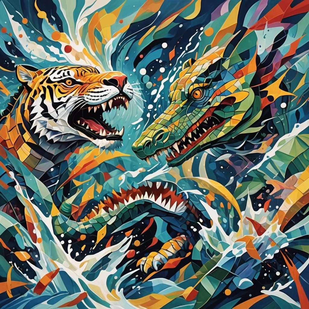Dynamic Cubist Fight: Crocodile and Tiger Underwater