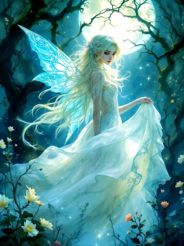 Whimsical Faerie in Ethereal Gown, Surrounded by Soft Light