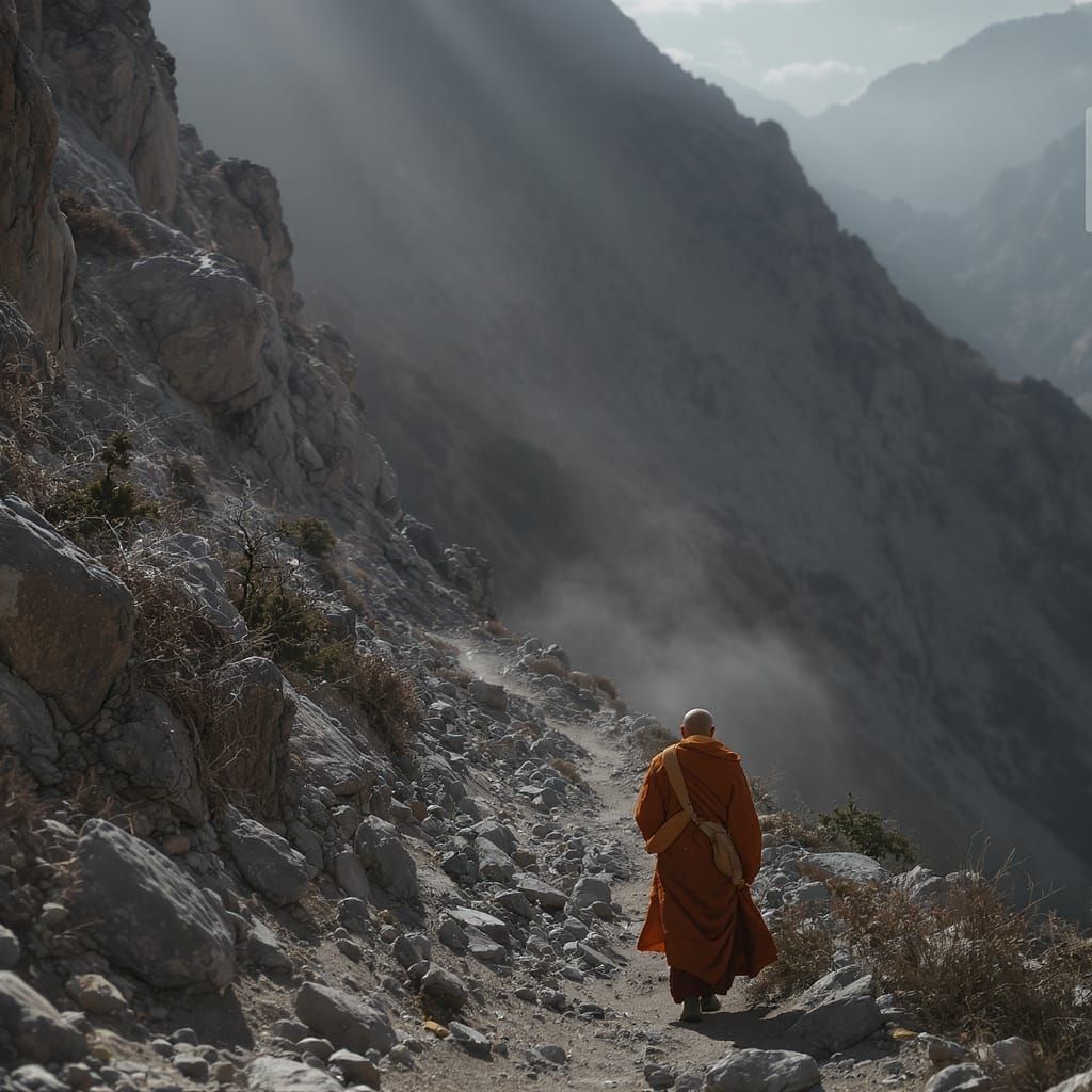 Solitary Monk Walks Mountain Trail in Photorealistic Style