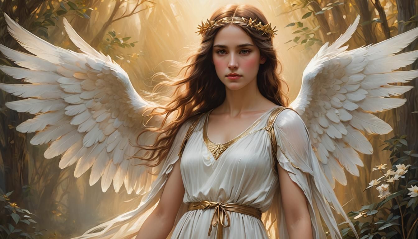 Angelic Woman with White Wings in Pre-Raphaelite Style