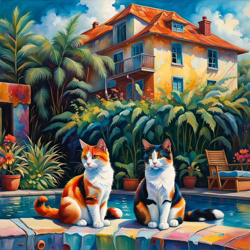 Calico Companions: Shelby and Mrs. Tingles Enjoying Poolside Bliss in their Urban Oasis