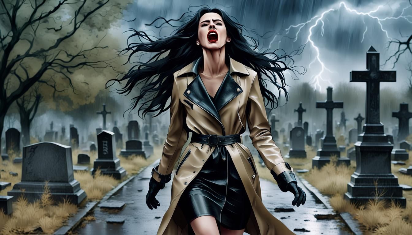 Terrified Woman Screaming in Stormy Cemetery