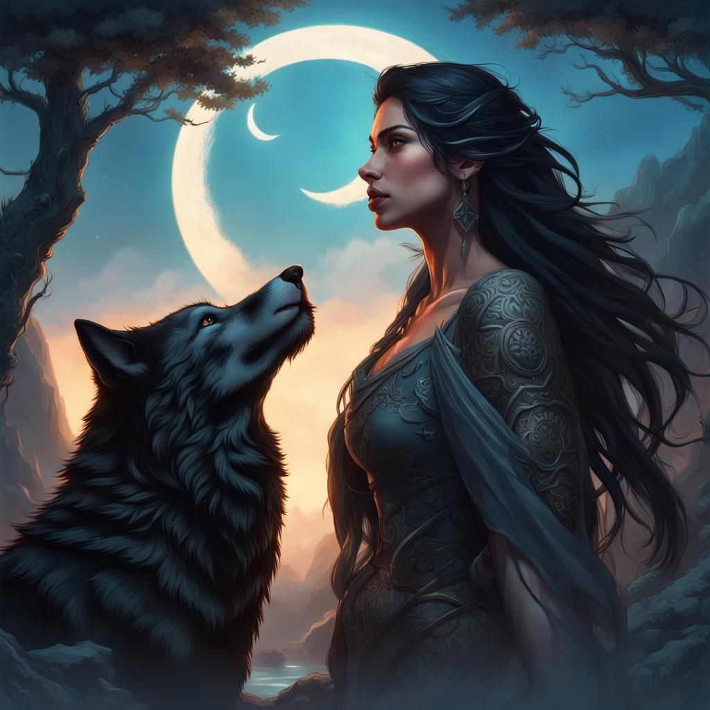 Wolf, Woman, and Crescent Moon at Dawn