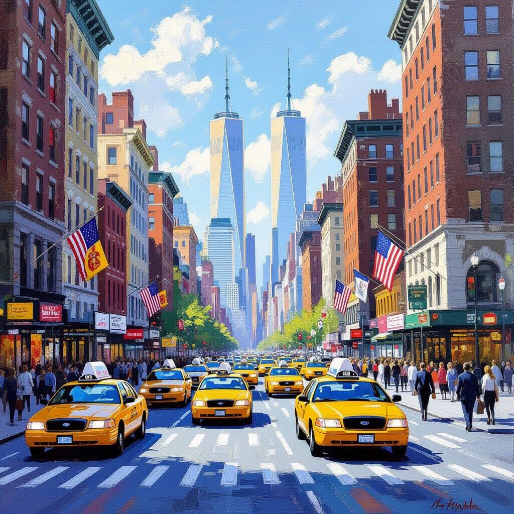 Bustling NYC Street Scene with Twin Towers in Impressionist ...