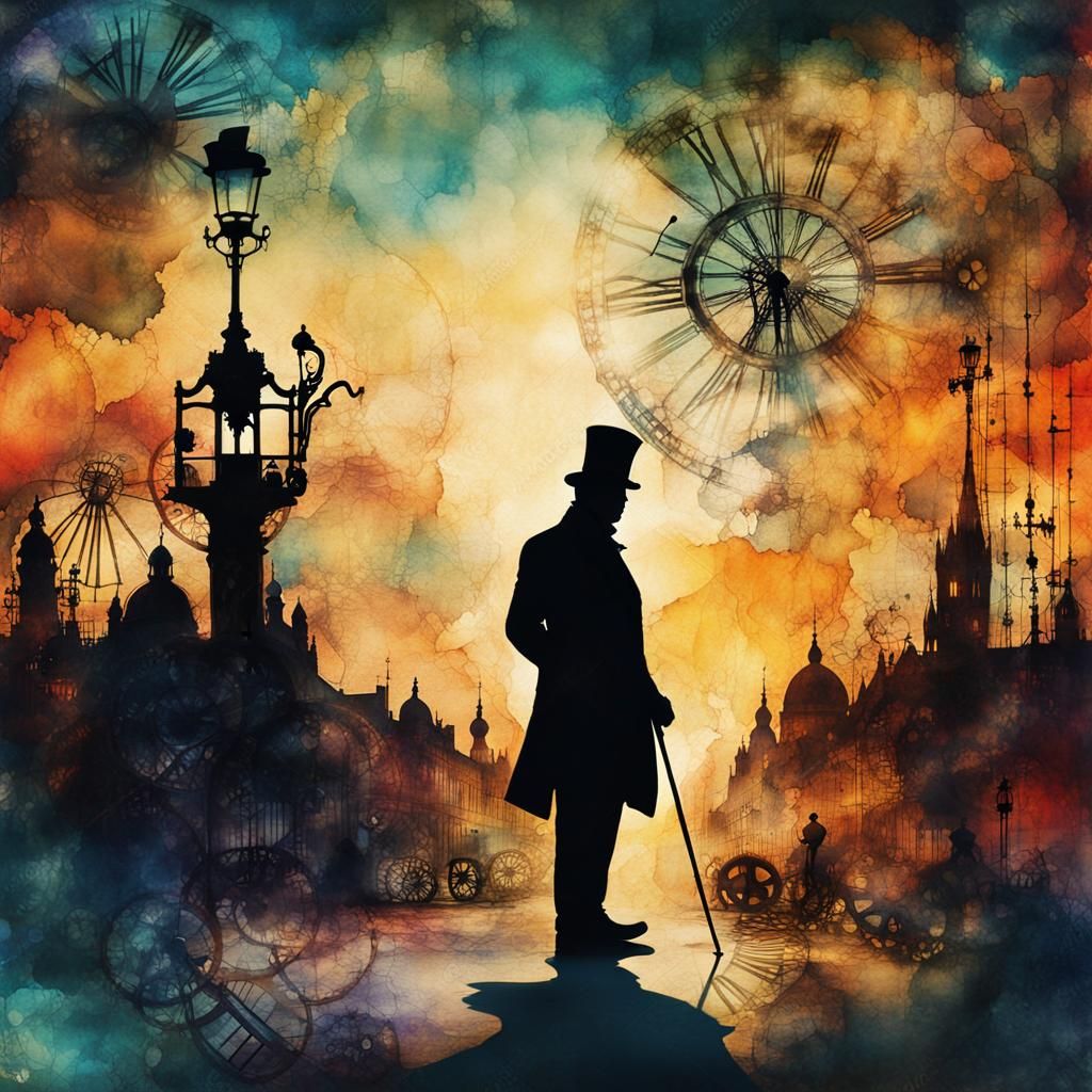Steampunk Silhouette in Double Exposure Ink Painting
