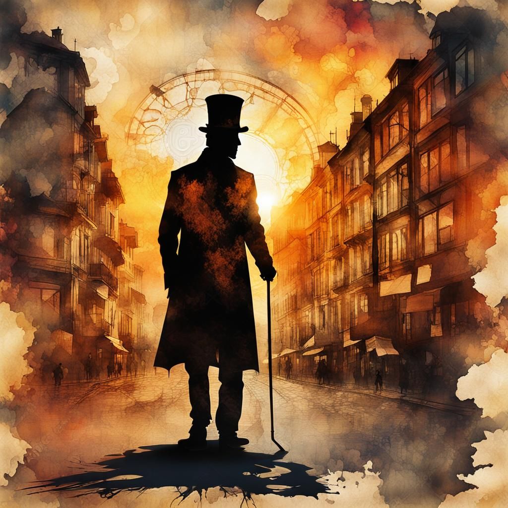 Steampunk Silhouette in Modern Ink Painting Style