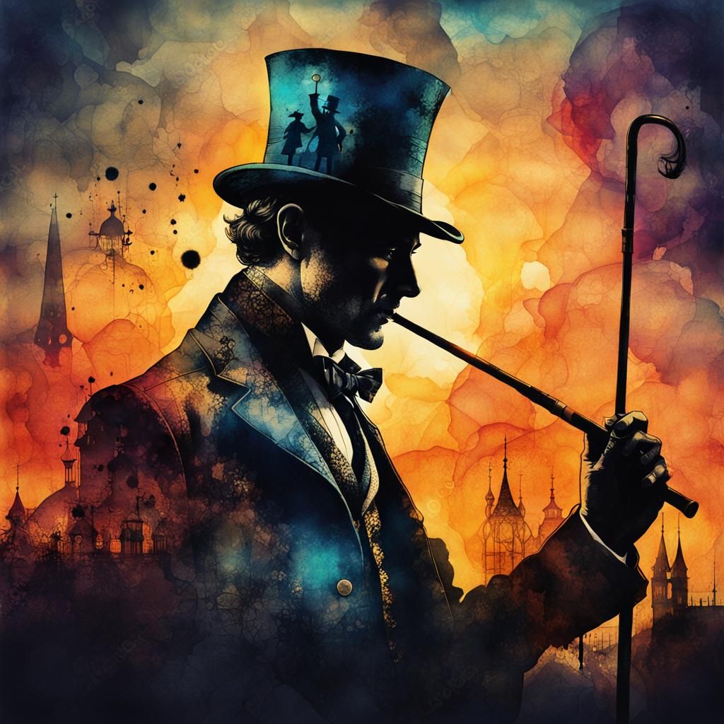 Steampunk Silhouette in Ink Painting Style