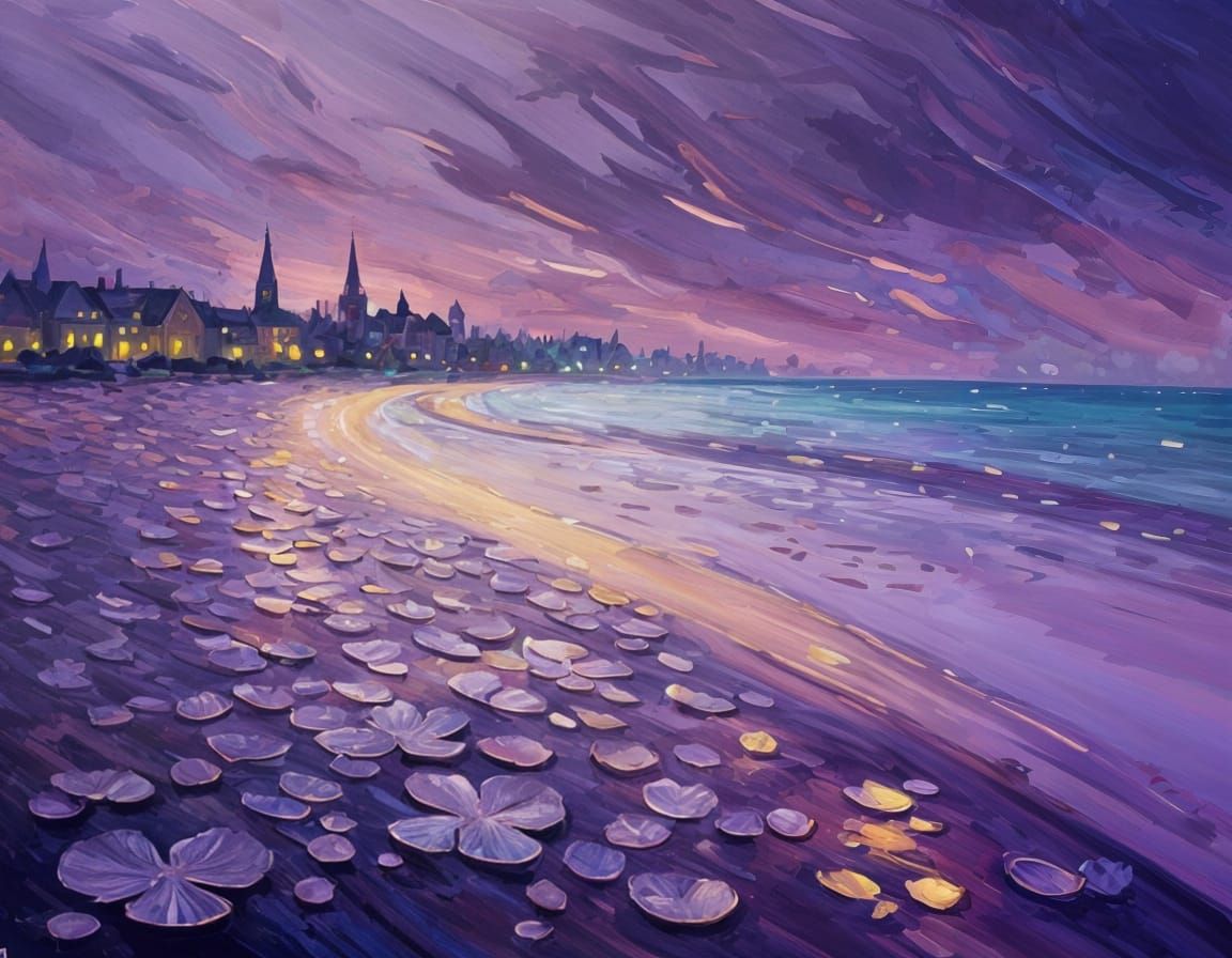 Medieval Kingdom on Bioluminescent Beach, Impressionistic St...