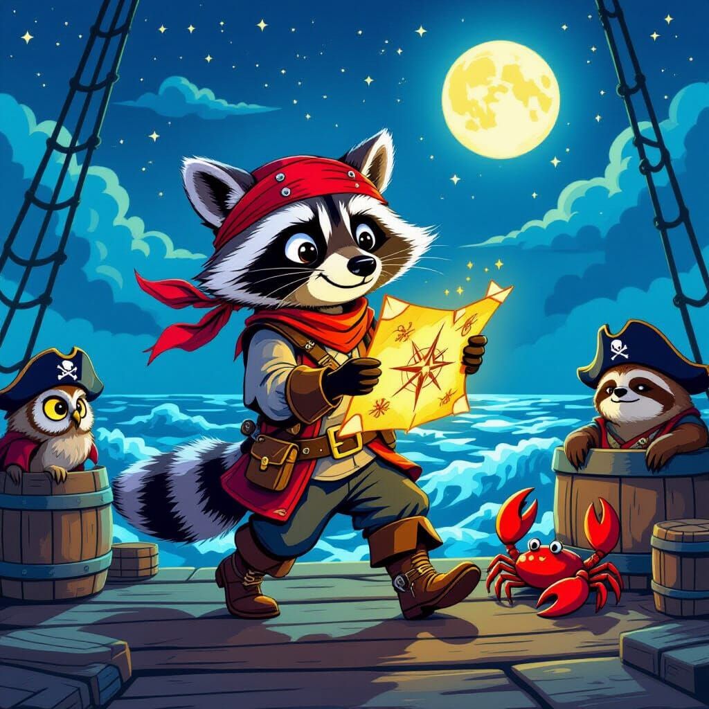 Raccoon Pirate on Deck in Flat Digital Illustration