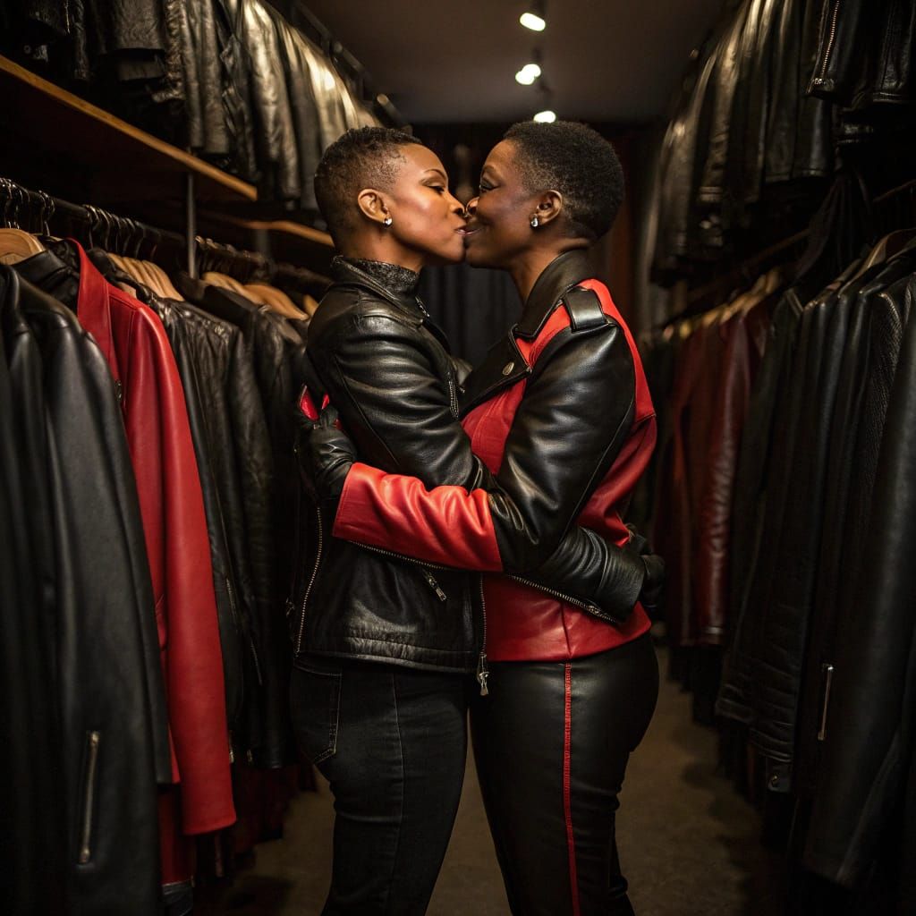 Chic Women Embrace in Leatherwear Boutique