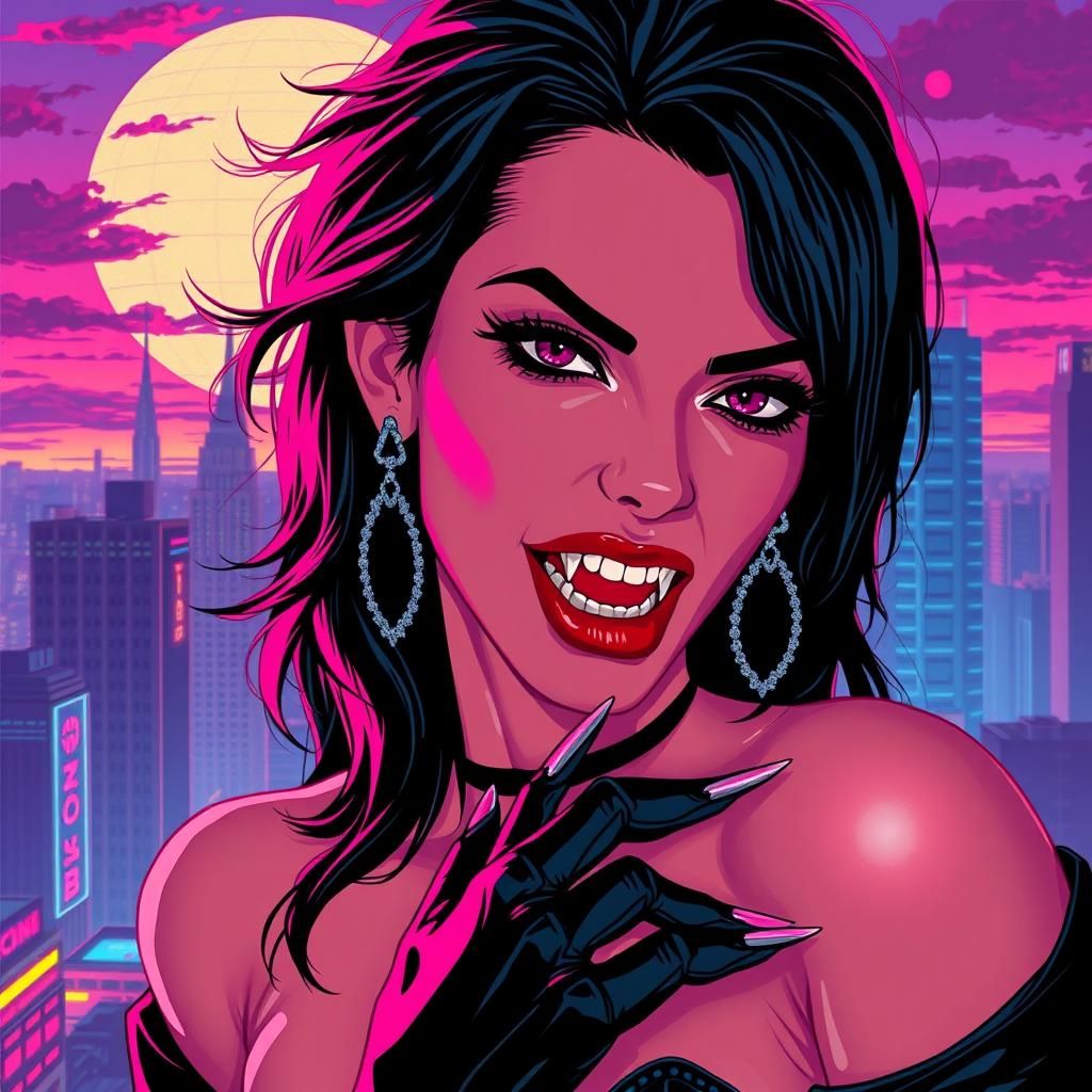 Synthwave Vampire in Dystopian Cityscape
