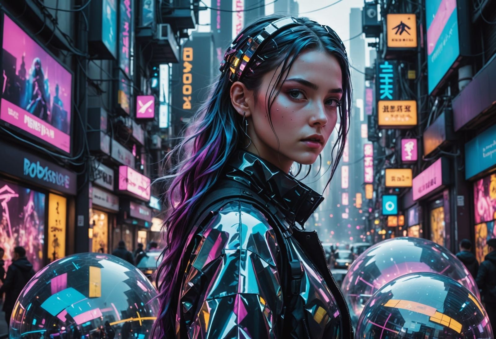 Girl in Maximalist Holographic Cyberpunk Cityscape