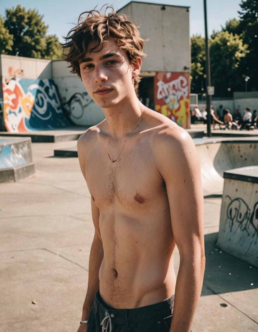 Shirtless Skater at the Skate Park on Sunny Day