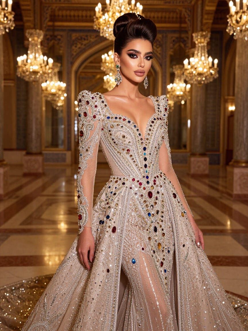 Glamorous Beauty Queen in Crystal Embellished Gown