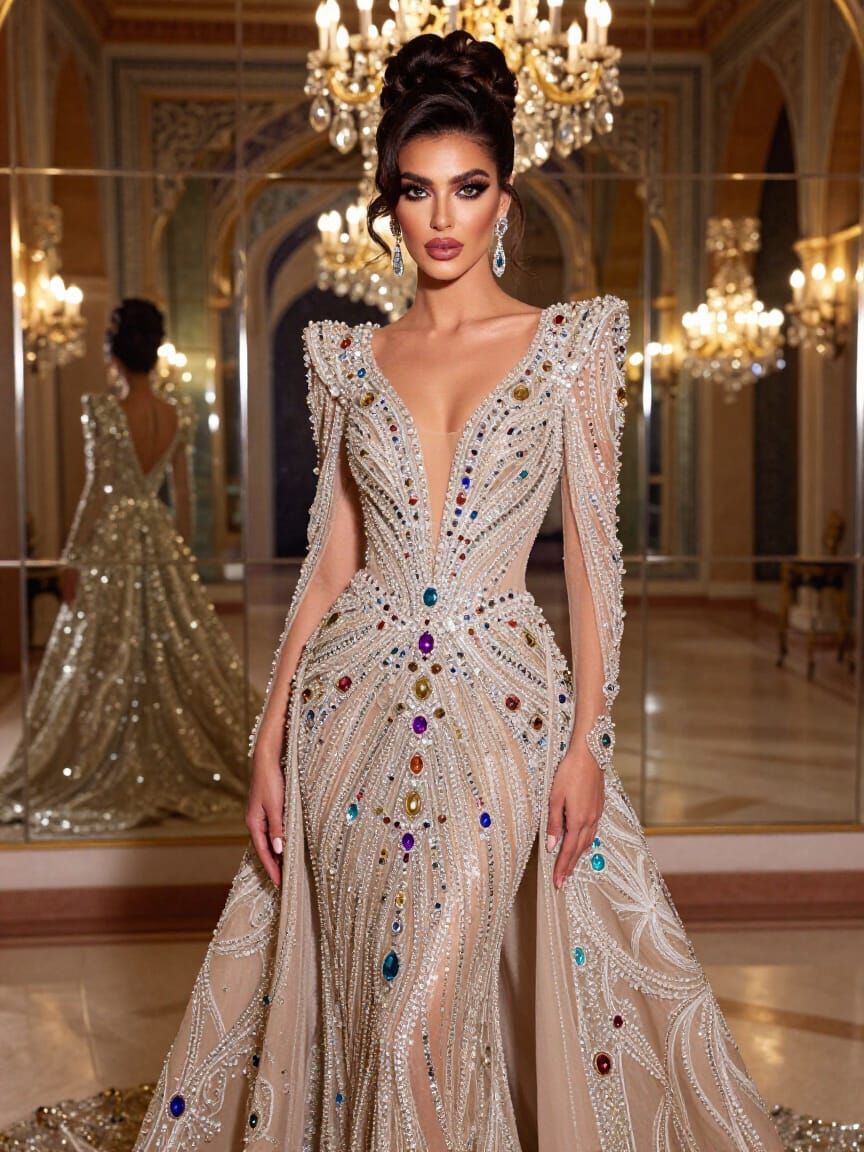 Glamorous Model in Crystal Embellished Gown with Mirror Refl...