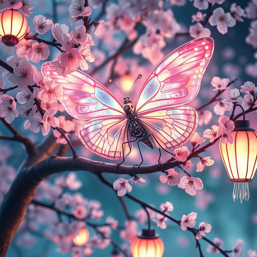 Ethereal Bioluminescent Butterfly in Cherry Blossom Haven
