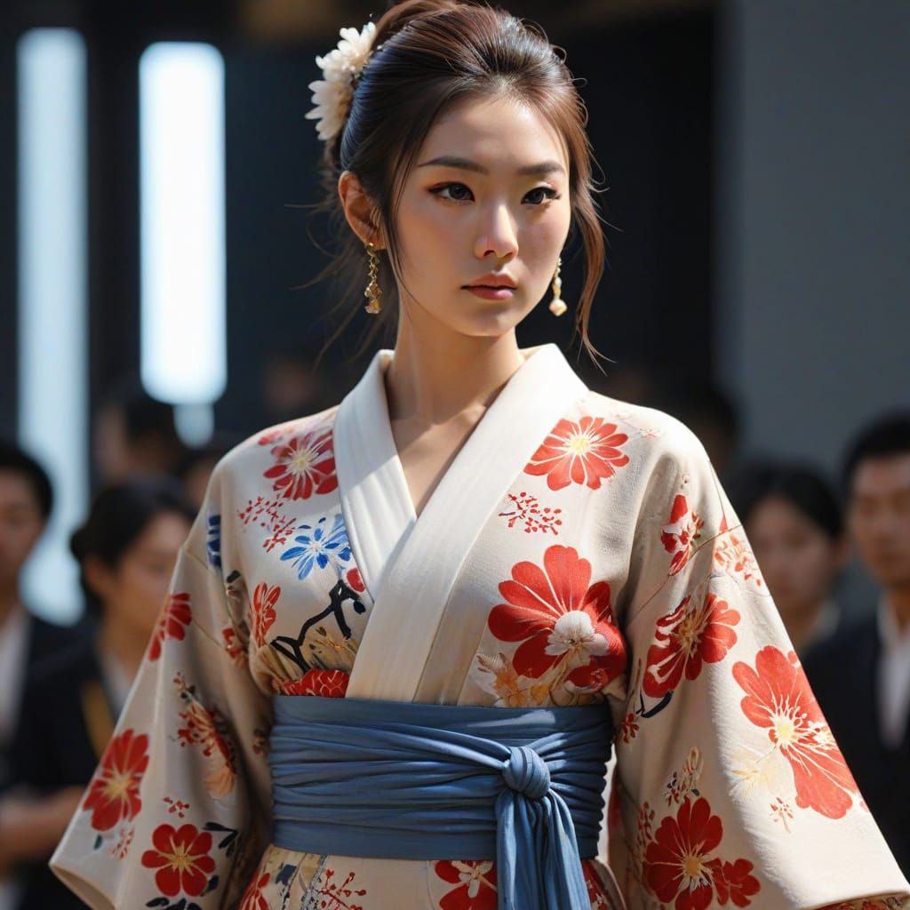 Stunning Japanese Model Struts Down Catwalk in Elegant Kimon...