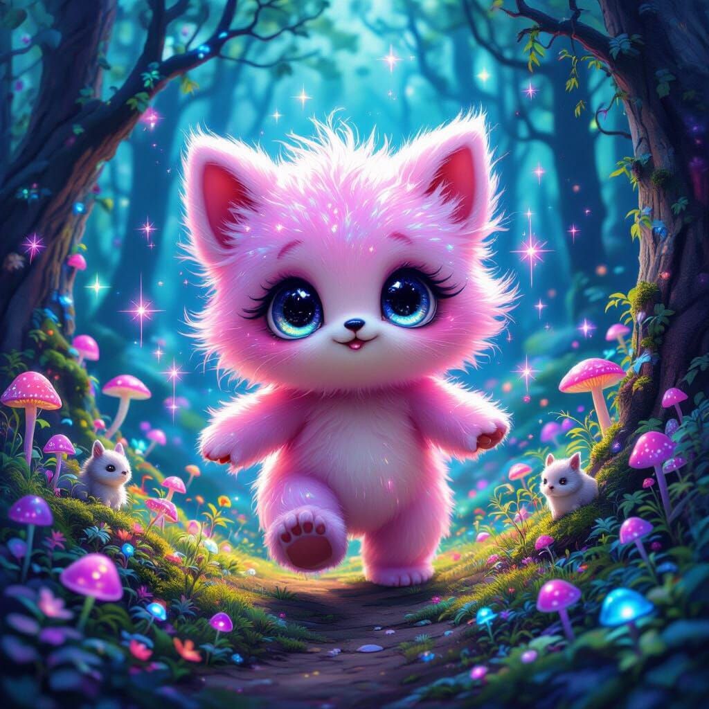 Cute Magical Creature in Fluorescent Enchanted Forest