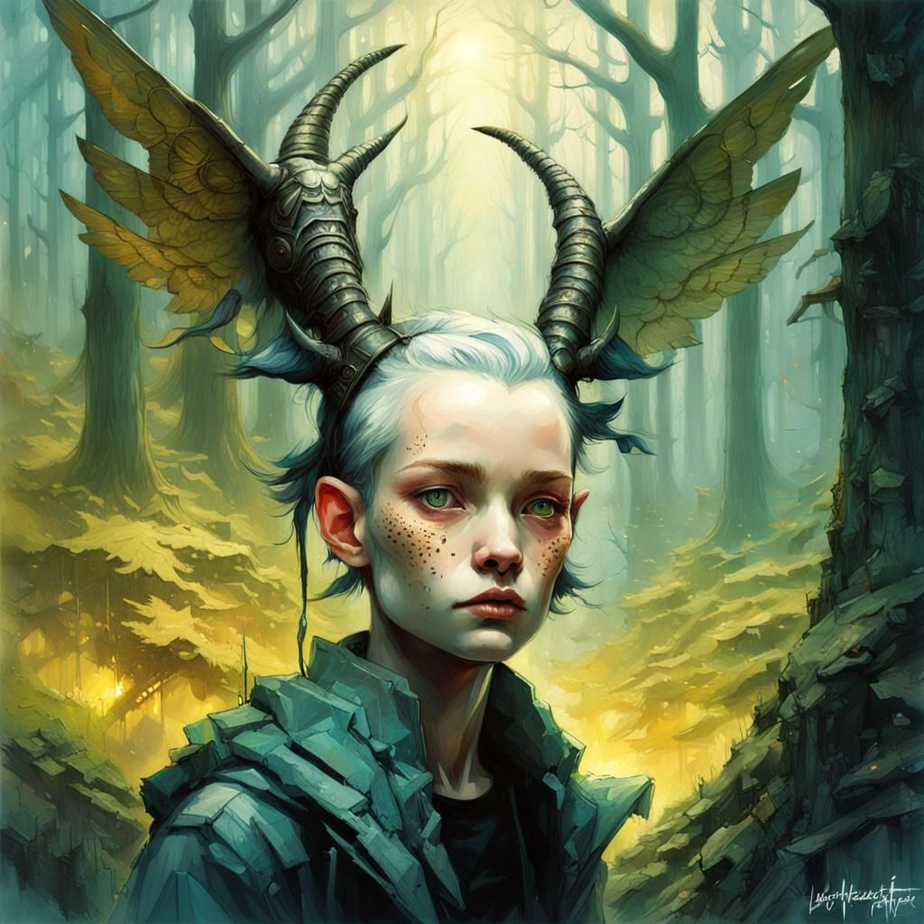 Winged Sphinx Cat in Digital Pointillism Forest