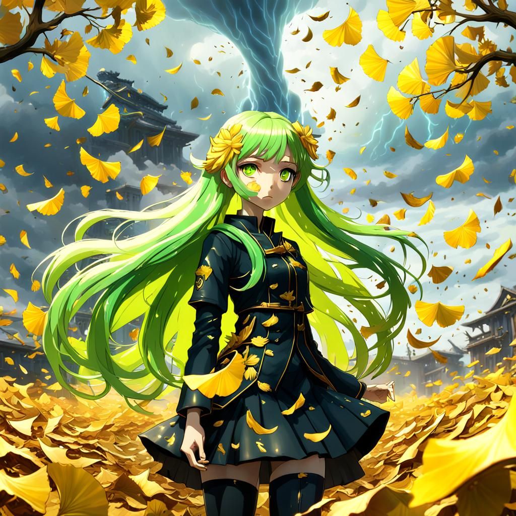 Anime Girl in Ginkgo Leaf Tornado, Detailed Painting