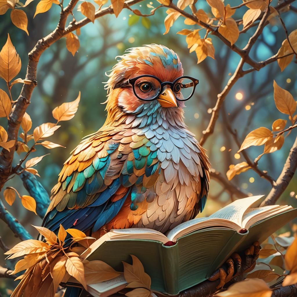 Bespectacled Bird Portrait in Vibrant Fantasy Style