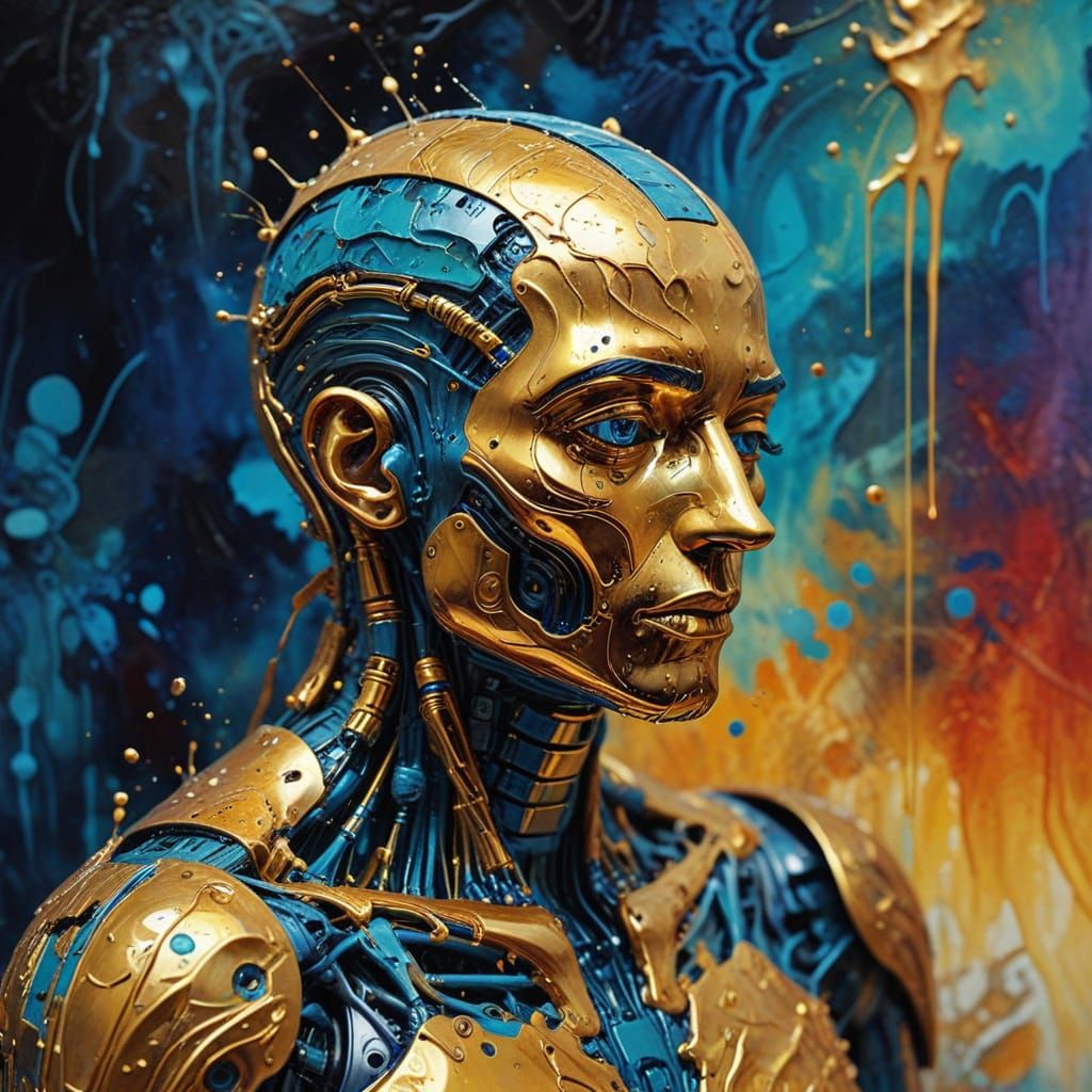 Surreal Robot in Gouache Watercolor Style with Fractal Patte...