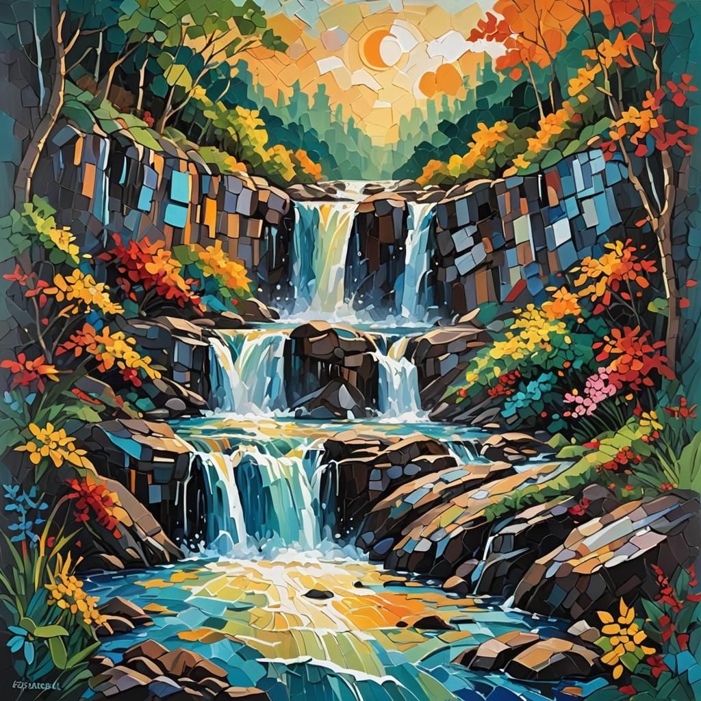 Waterfall at Sunrise: Impasto and Collage Painting