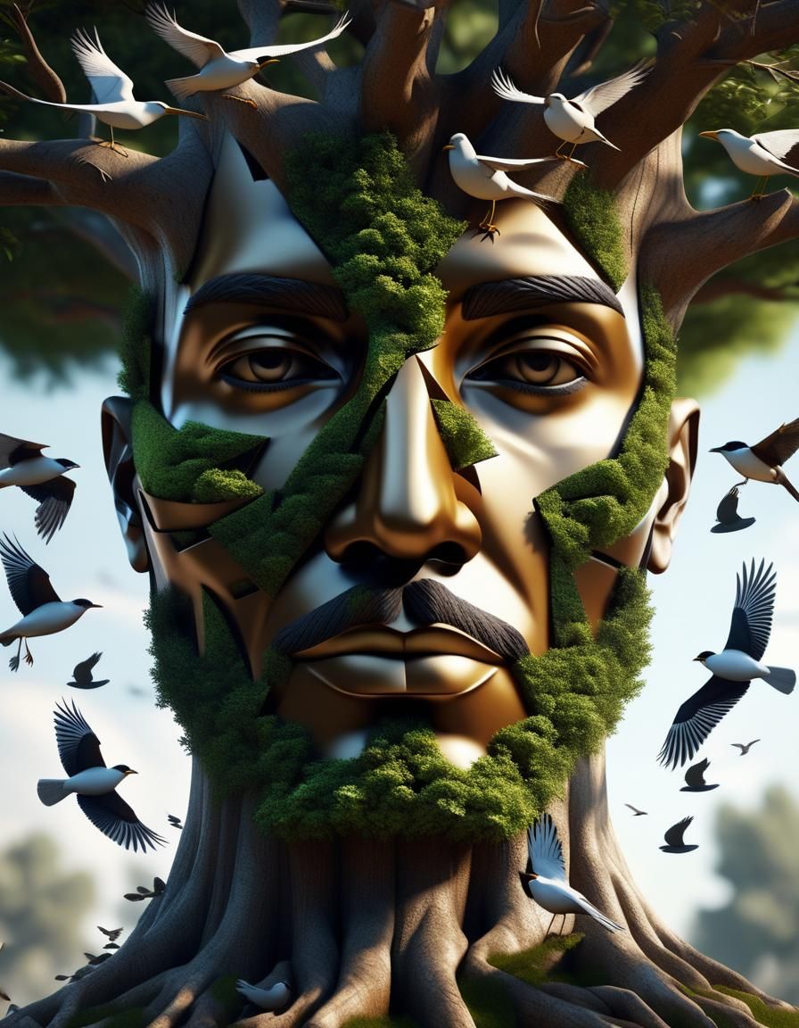 Optical Illusion: Face, Tree, and Birds in 3D