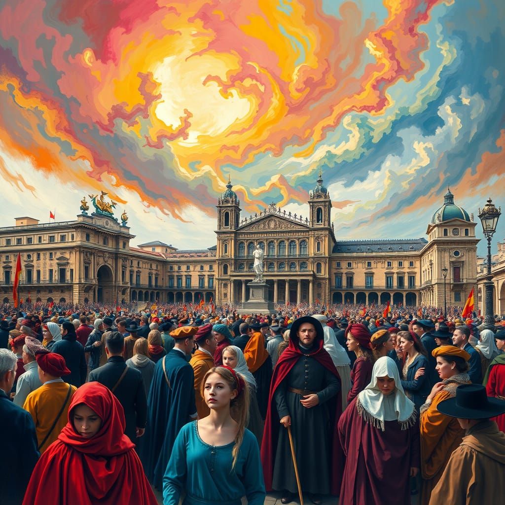 Medieval Cibeles Plaza Scene in Vibrant Neo-Impressionist St...