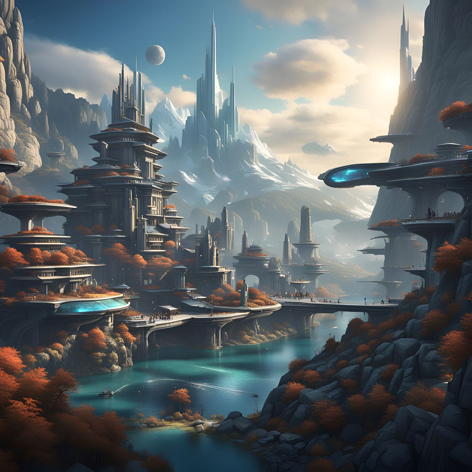 Futuristic Mountain City by a Blue Lake