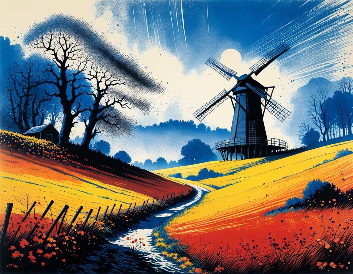 Autumn Windmill in Blue Ink Splatter Style