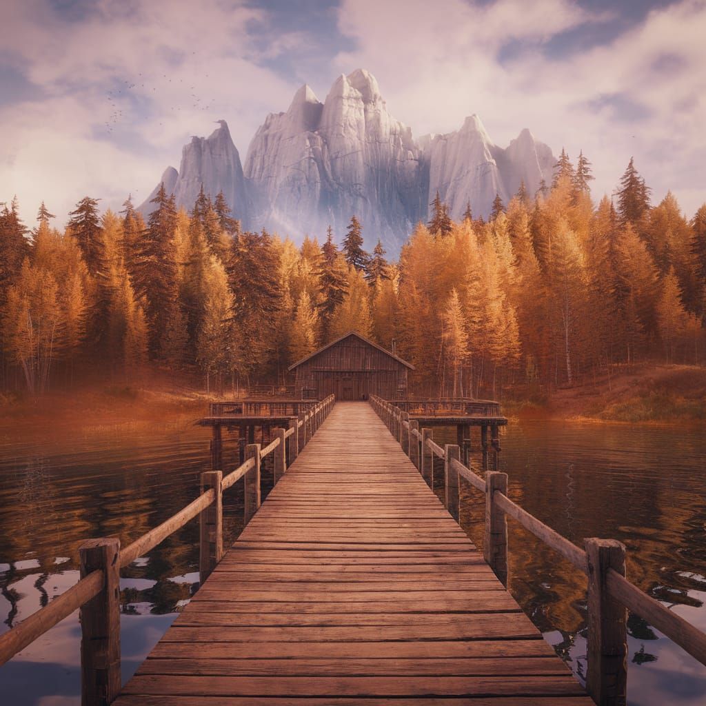 Cabin on Lake with Autumn Trees