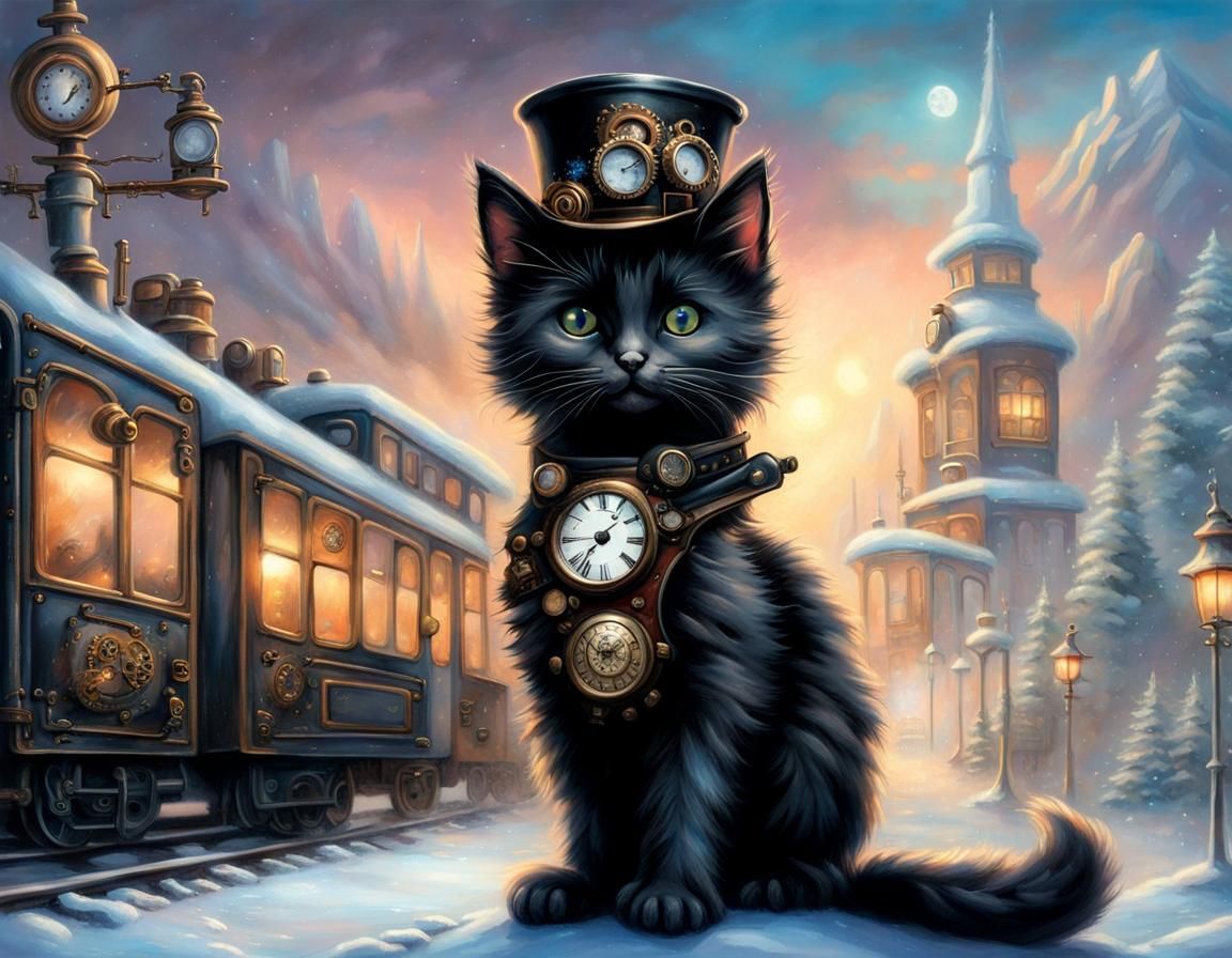 Steampunk Kitten Conductor in Winter Wonderland