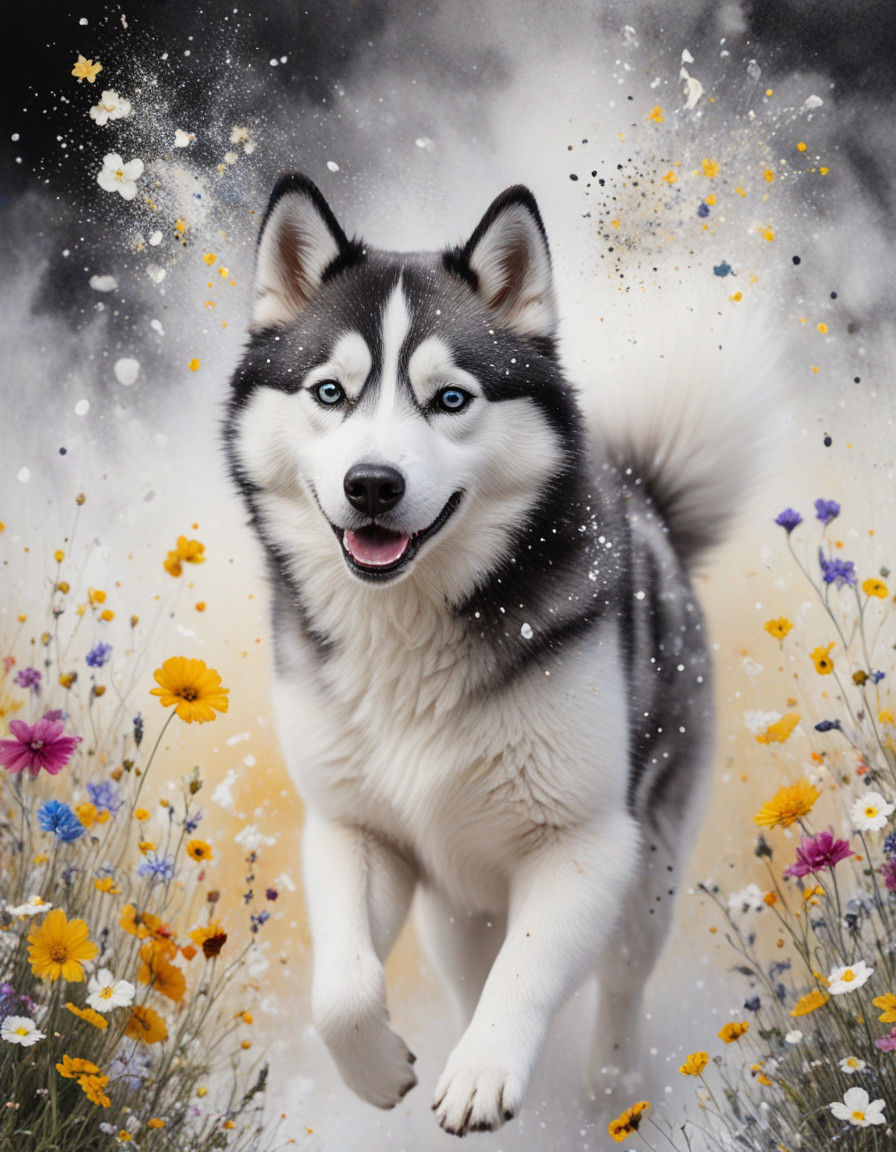 Whimsical Husky Leaping in Glowing Summer Meadow