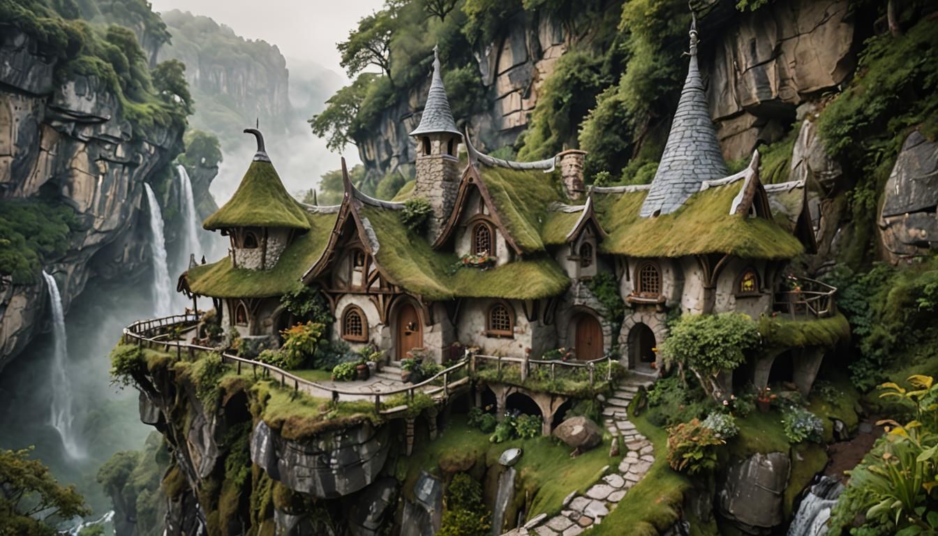 Whimsical Elven Cottage Near Misty Waterfall
