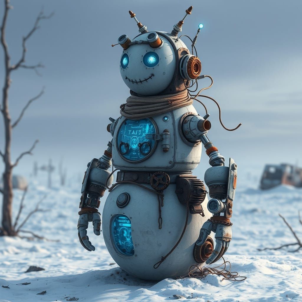 Cyberpunk Snowman Android in Industrial Futurist Style