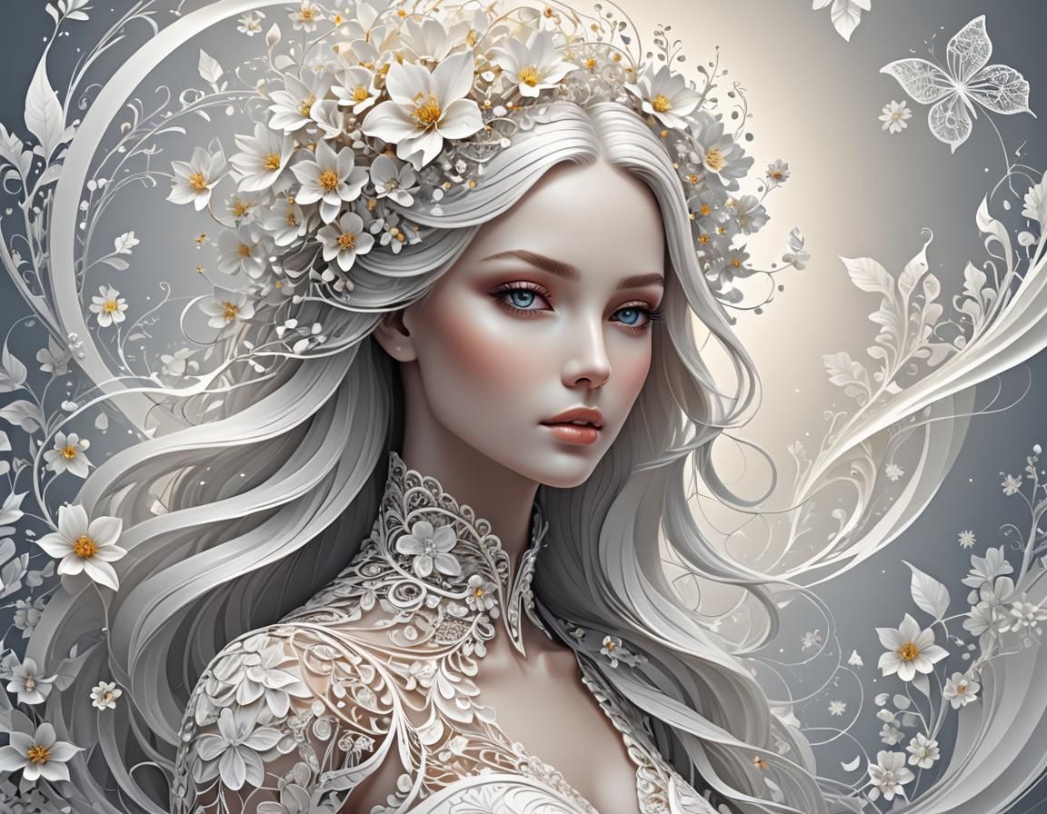 Luminous Girl in Flowery Field with Abstract Elements